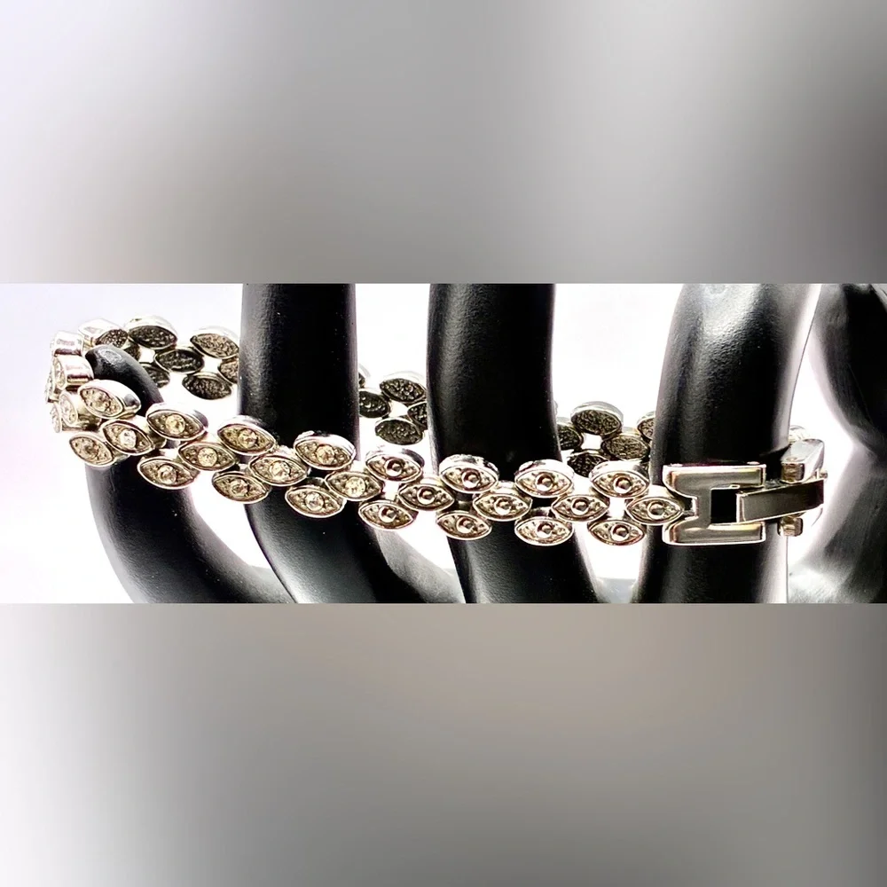 Vintage 3 Tier Marcasite & Cubic Zirconia Tennis Bracelet 7.5” Inches